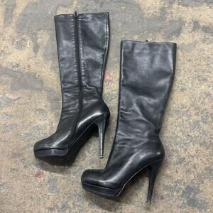 Vintage Black Leather Platform Knee High Stiletto Boots